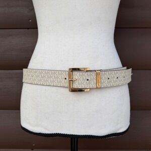 Michael Kors Monogram Logo Belt Medium Vanilla Cream Gold Buckle Sz M